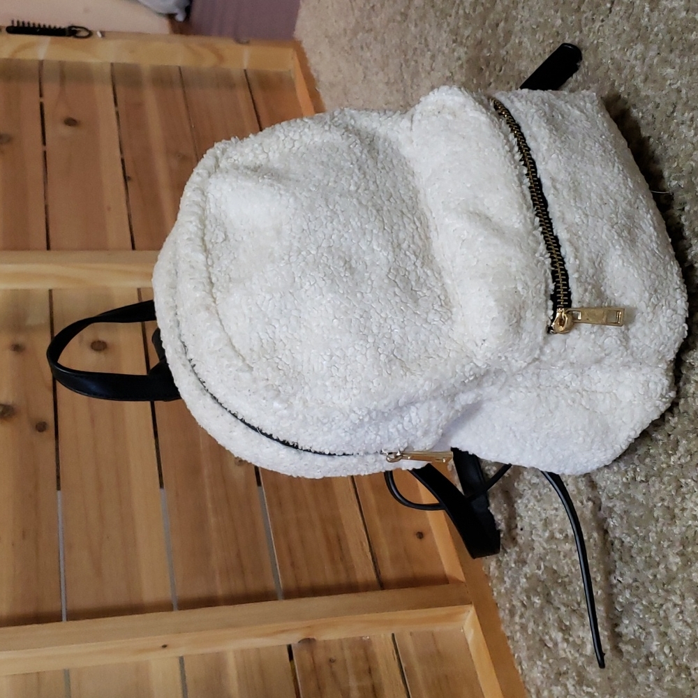 White faux fur mini backpack purse